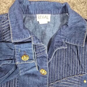 Vtg Regal‎ Denim Shirt Pleated Western Women S Jacket USA Made Gold Buttons EUC